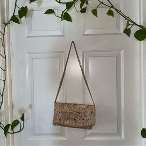 Vintage Beige Lace-Overlay Chain Shoulder Bag